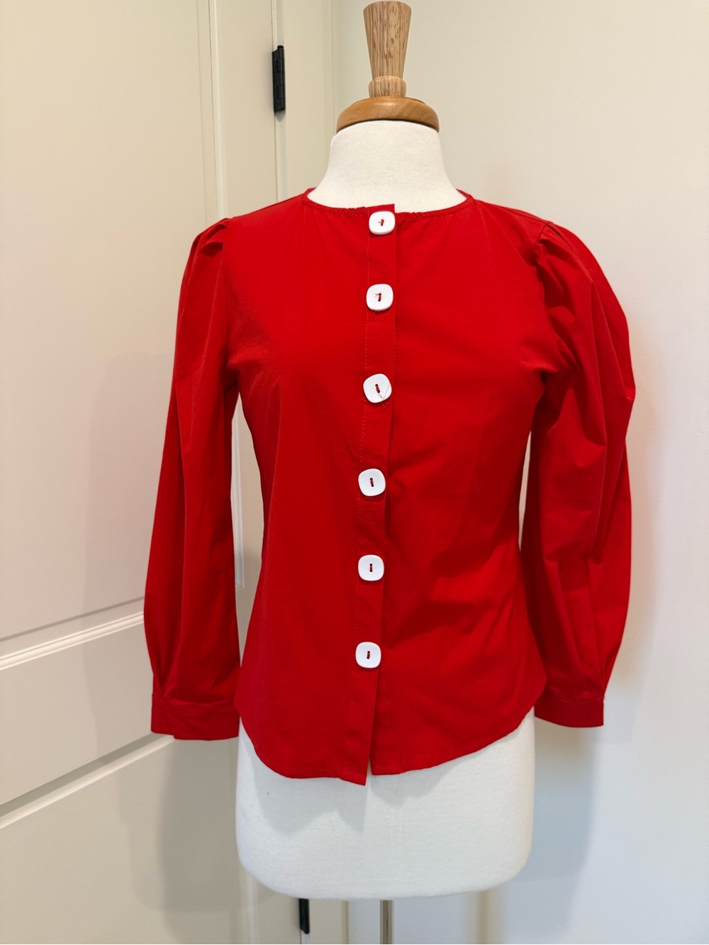SHEIN Red Button-Front Puff Sleeve Blouse